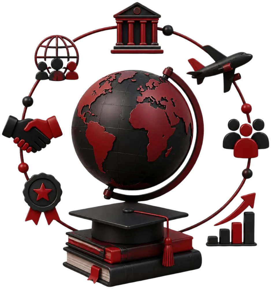 Globe in a graduation cap ringed by icons for universities, flights, partnerships and career growth